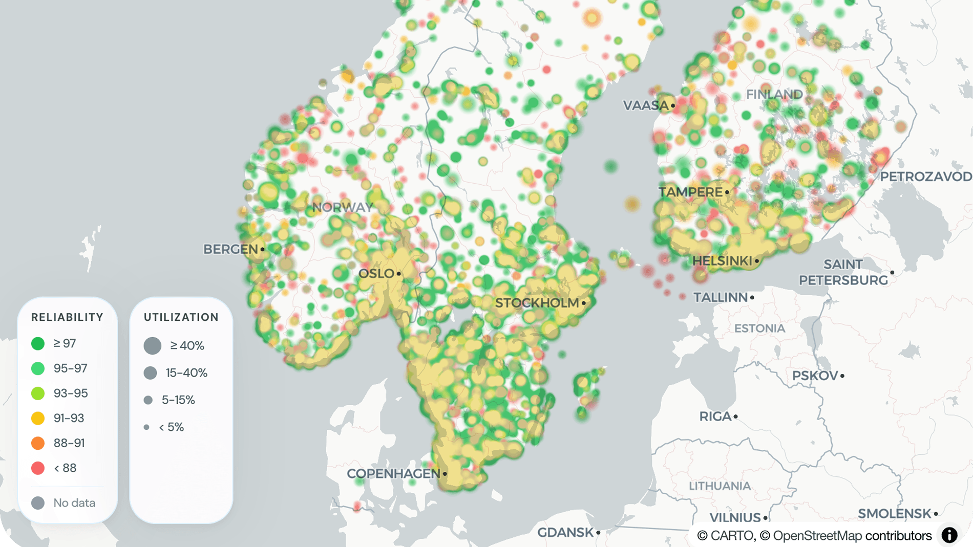 Symbioens karta över laddinfrastrukturens tillförlitlighet i Sverige, Norge och Finland, med Riga synligt